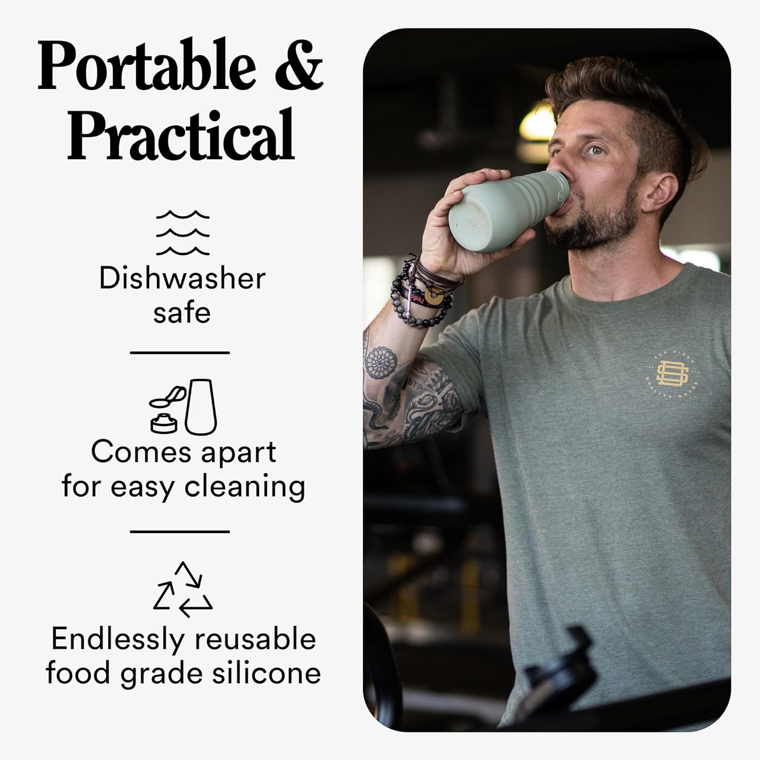 STOJO Collapsible Sports Water Bottle - Leak-Proof Reusable Silicone Travel Cup for Hot & Cold Drinks - Microwave & Dishwasher Safe - AS SEEN ON TODAY SHOW - Parent (Eucalyptus) - Image 6